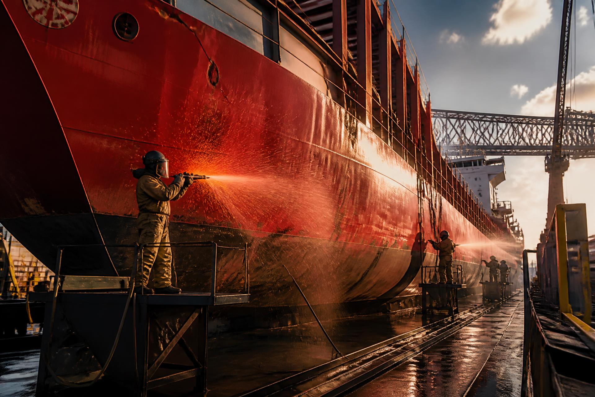 Sandstrahlarbeiten am Schiffsrumpf im Trockendock